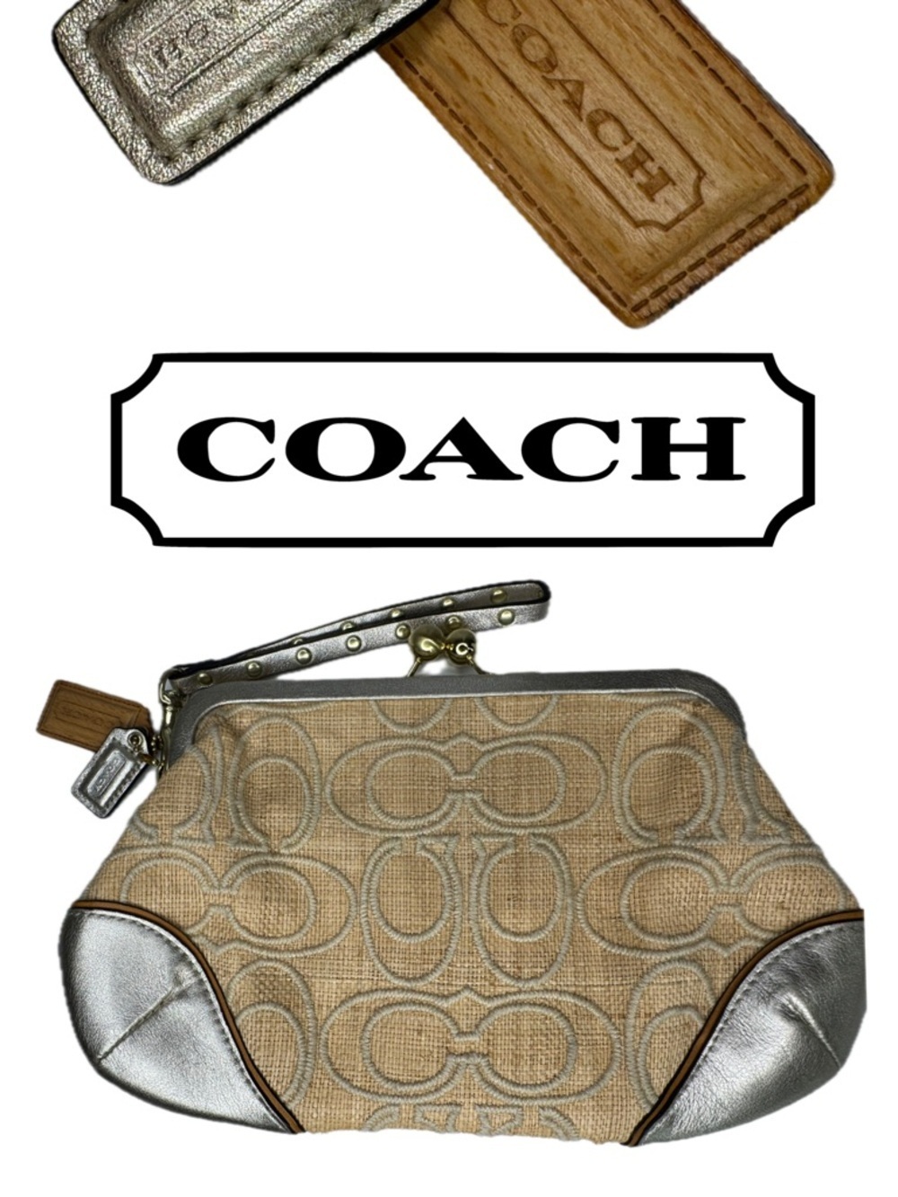Coach Y2K Straw Frame C Gold Clutch Wristlet  Kisslock Bag